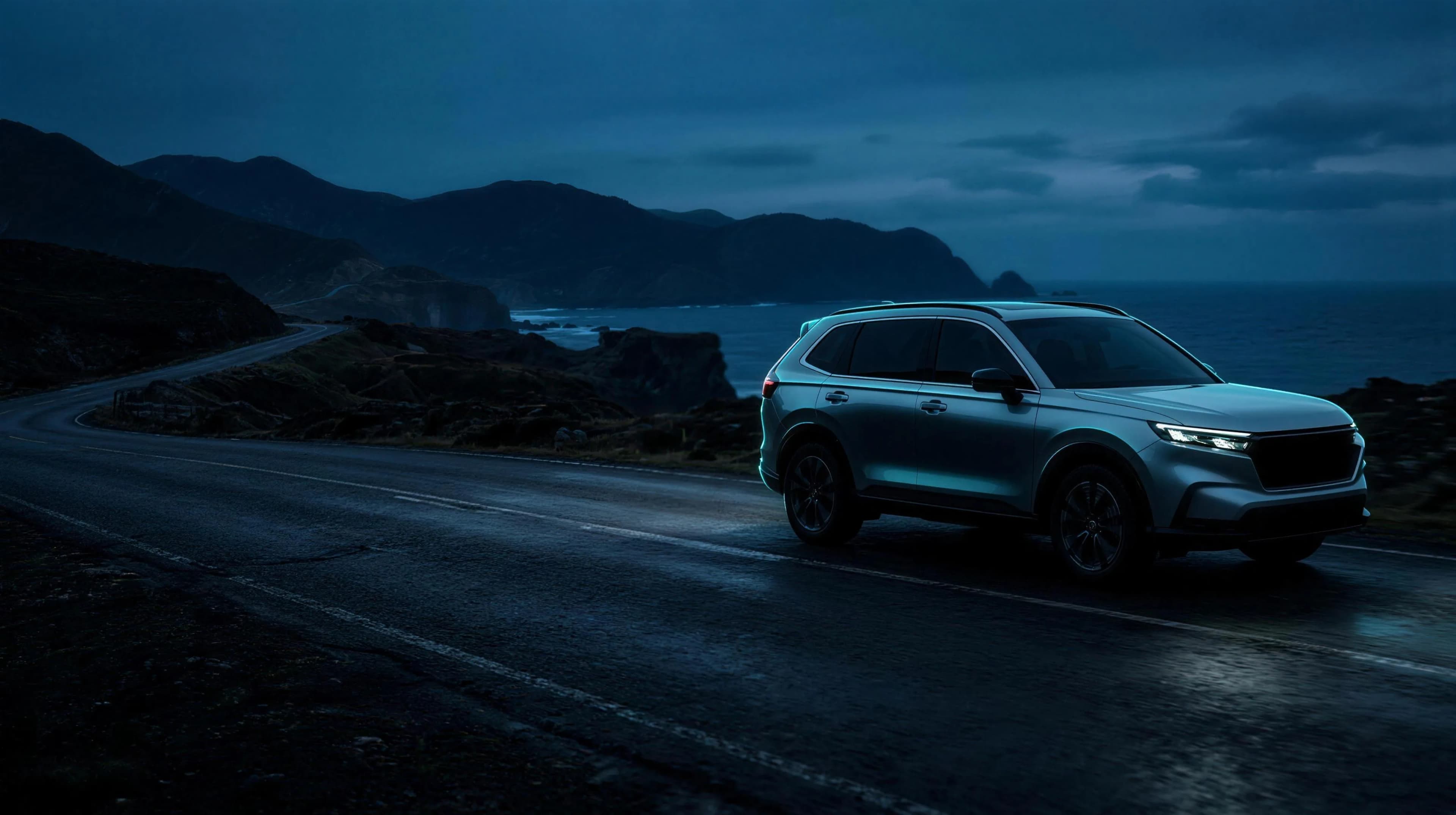 An SUV at dusk with a cyan light tracing its silhouette